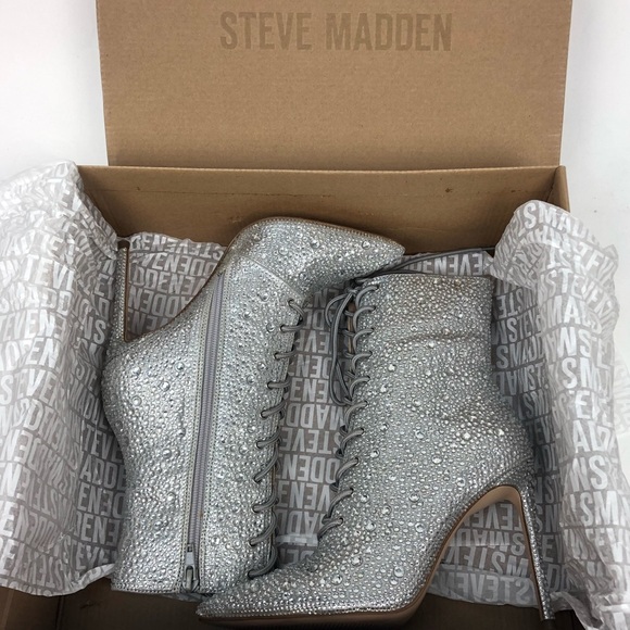 NWT Steve Madden Valency Crystal Embellished Lace Up Stiletto Heeled Ankle Boots - Picture 4 of 10
